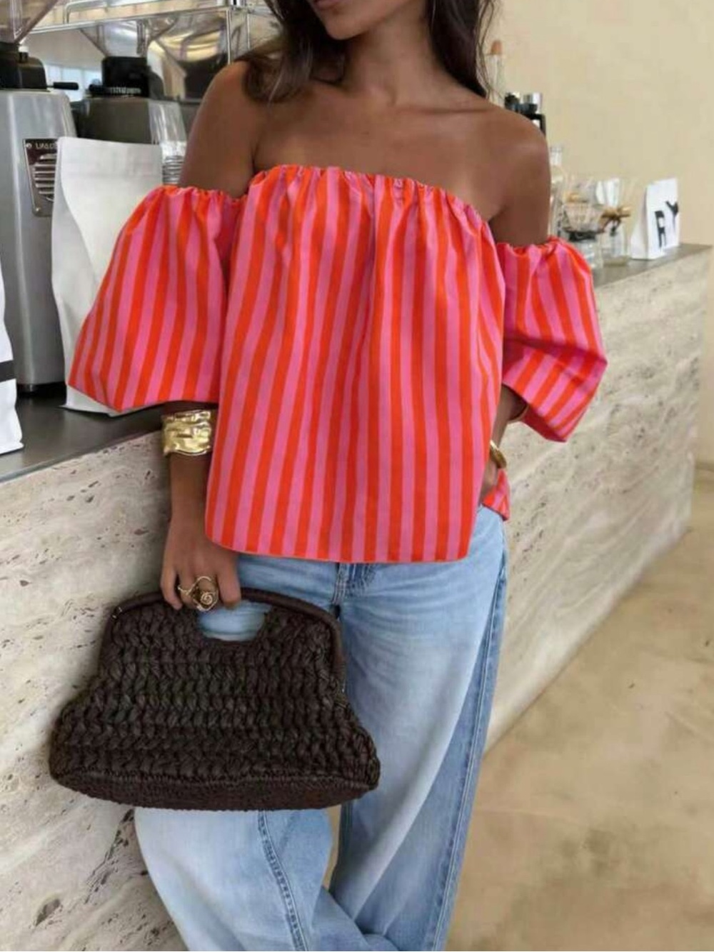 Women's Striped Contrast Color Woven Fabric Ruffle Off-Shoulder Blouse